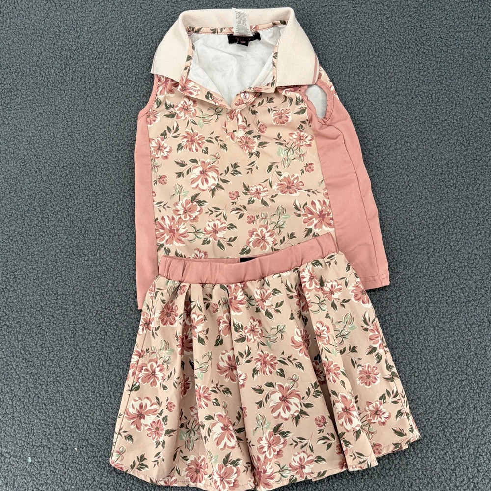 Nicole Miller Sport Girls Floral Sleeveless Polo and Skirt Set Pink Size 6X